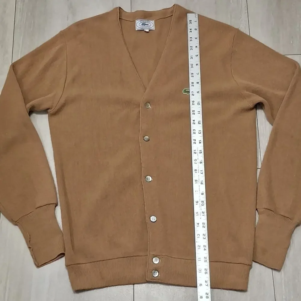Vtg IZOD Lacoste 1970s Tan Knit Men’s Button Cardigan Sweater Sz L Kurt Cobain